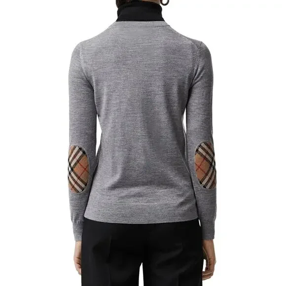 $830 BURBERRY BEMPTON GRAY MERINO WOOL ELBOW CHECK PATCHES PULLOVER SWEATER S